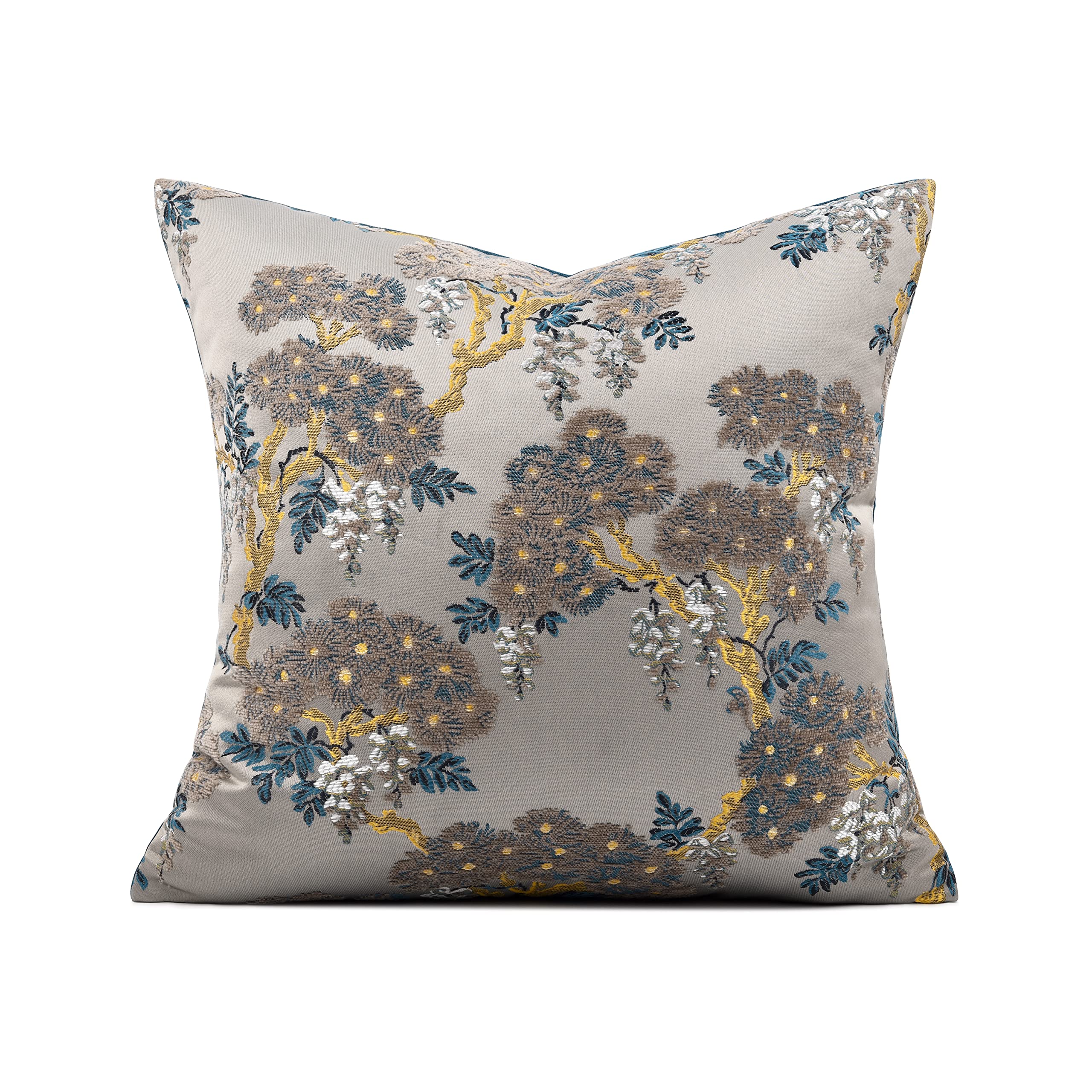 Satin Velvet Decorative Pillow Cover 18 × 18 Inch Luxurious Oriental Chinese Embroidery Grey Blue Square Sofa Bed Cushion Cove