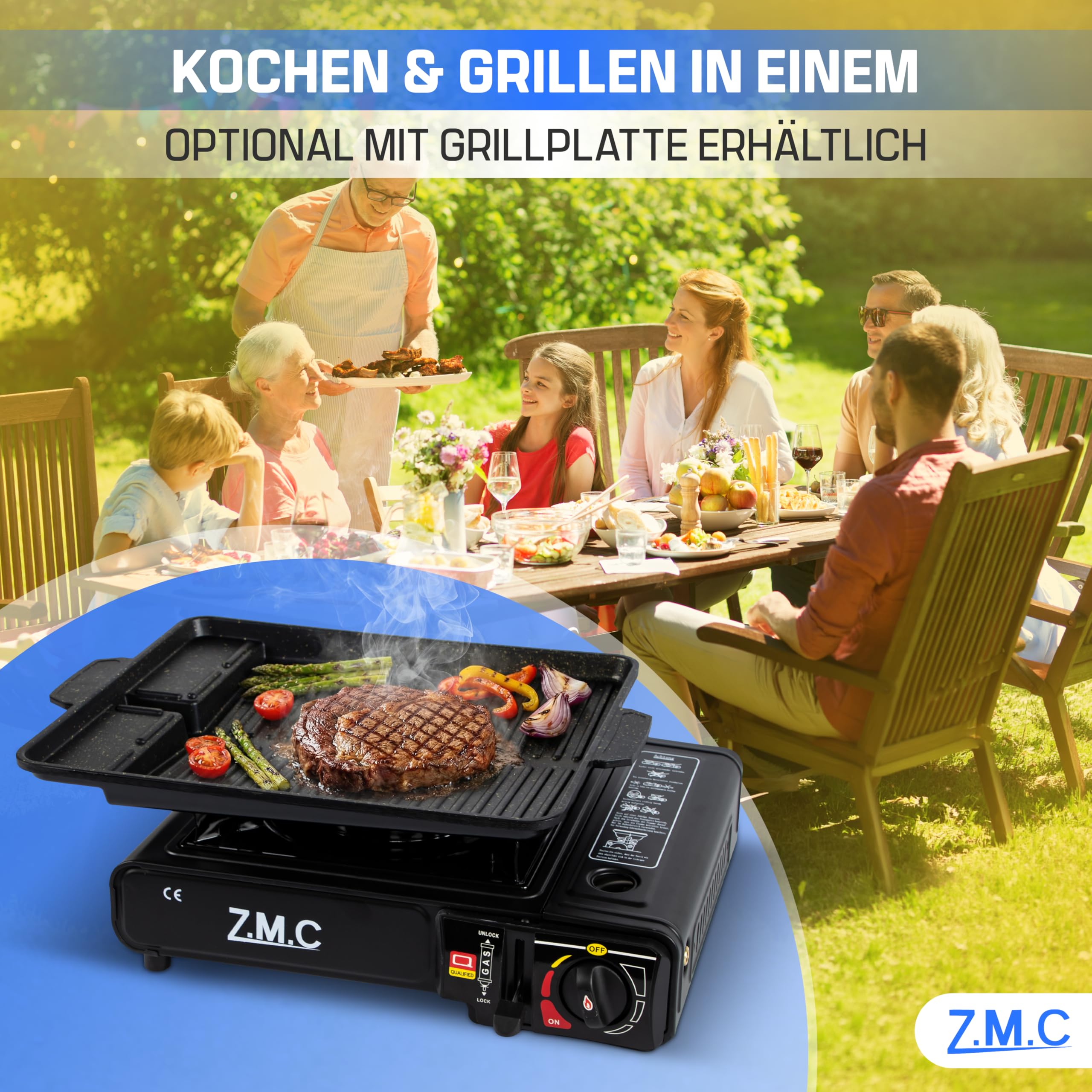 Z.M.C Gaskocher 1-flammig 2,2 kW | Campingkocher mit Piezo-Zündung, Transportkoffer & LPG-Adapter | Optional mit Gaskartuschen 227g & Grillplatte | für Camping, Outdoor & Notfall