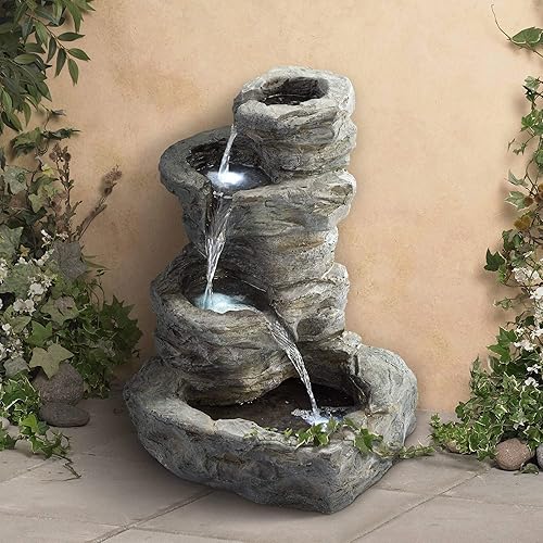 Rock Cascade - Fuente de suelo de piedra sintética gris de 22 pulgadas de alto con luz LED de pie, fuente de agua escalonada para jardín, patio,