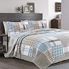 Cozy Line Home Fashions 100% Cotton Real Patchwork Reversible Quilt Bedding Set, Blue Grey Brown Plaid Grid Coverlet, Bedspread Hank Patchwork, Queen-3 Piece
