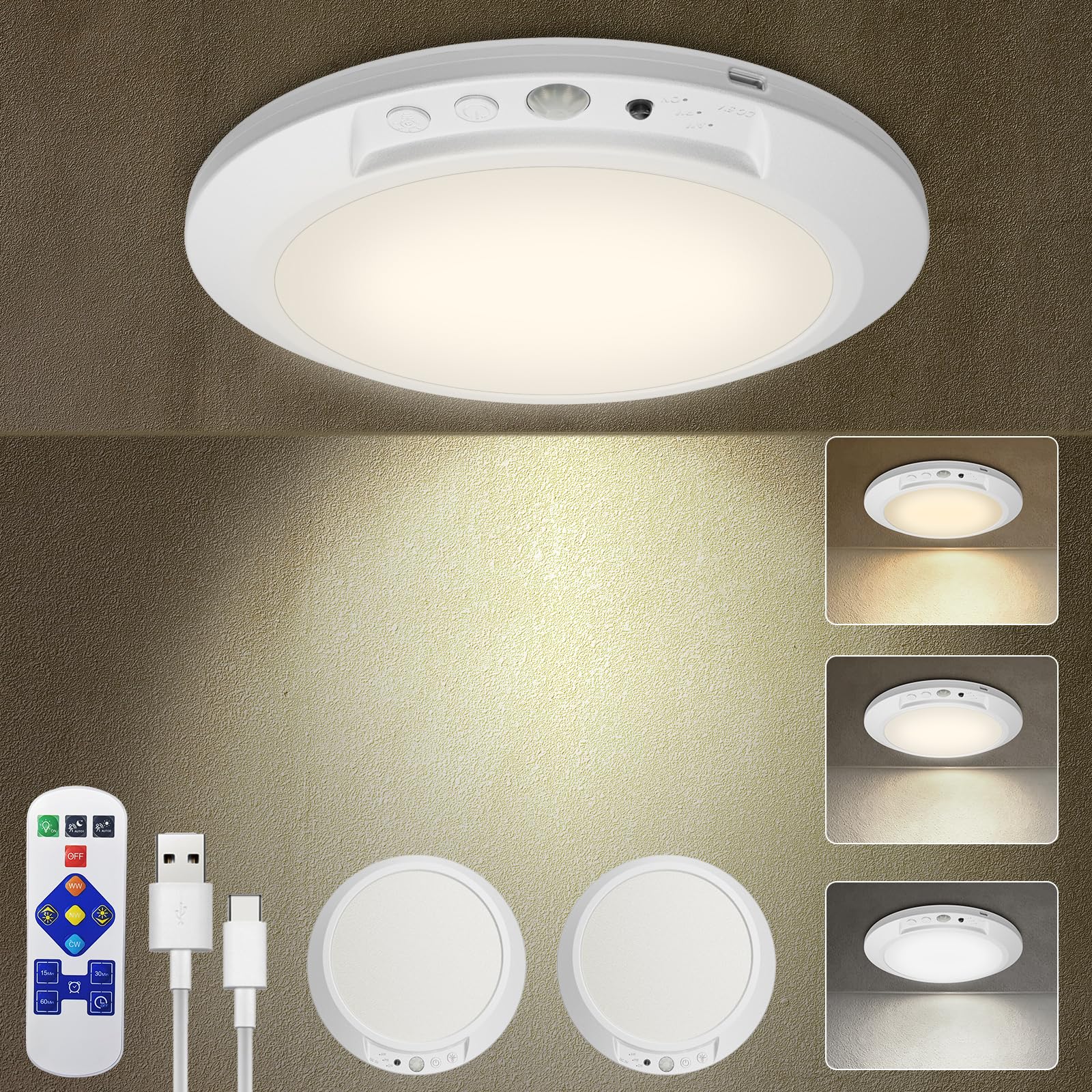 Motion Sensor Ceiling Light Battery Operated with Remote, 2 Pack Wireless Rechargeable