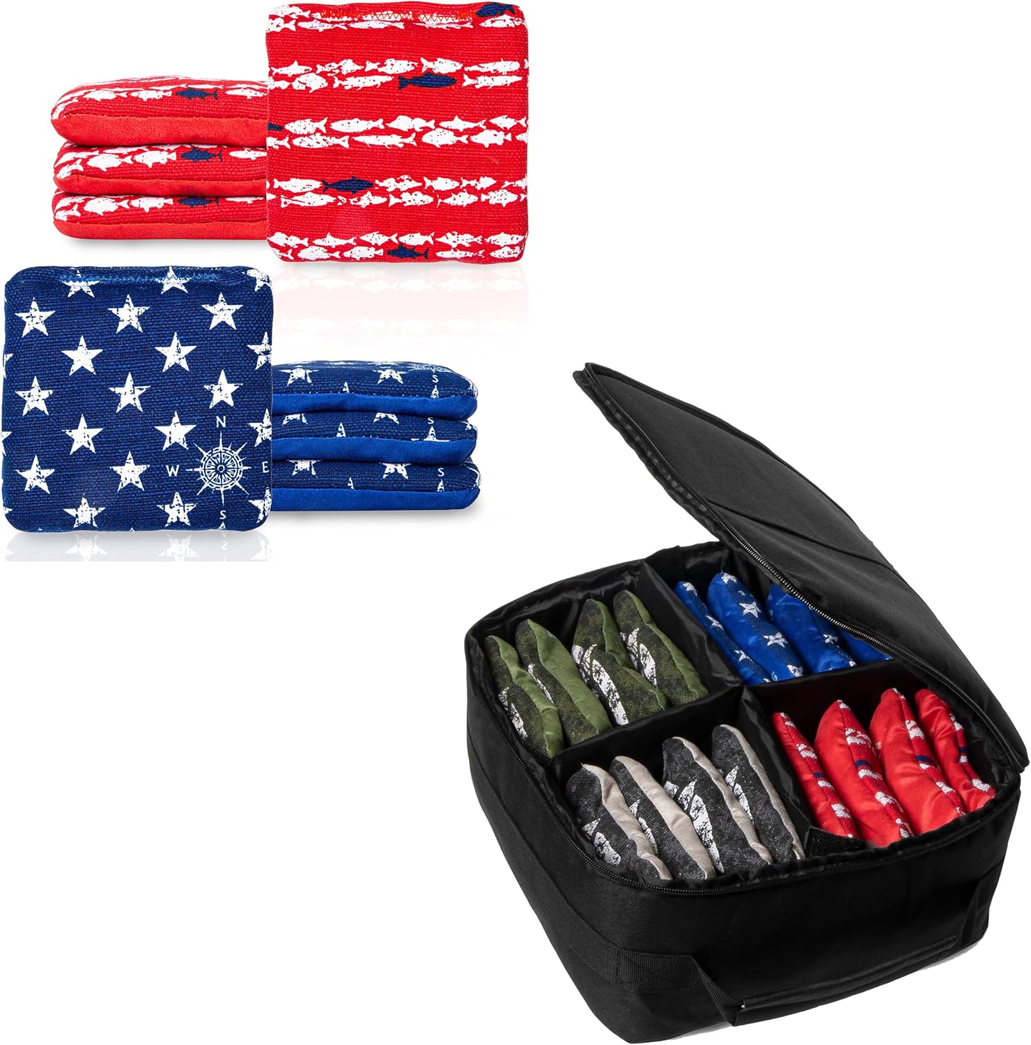Play Platoon Set of 8 Fish USA Flag Tournament Cornhole Bags & Cornhole Tote Carrying Bag