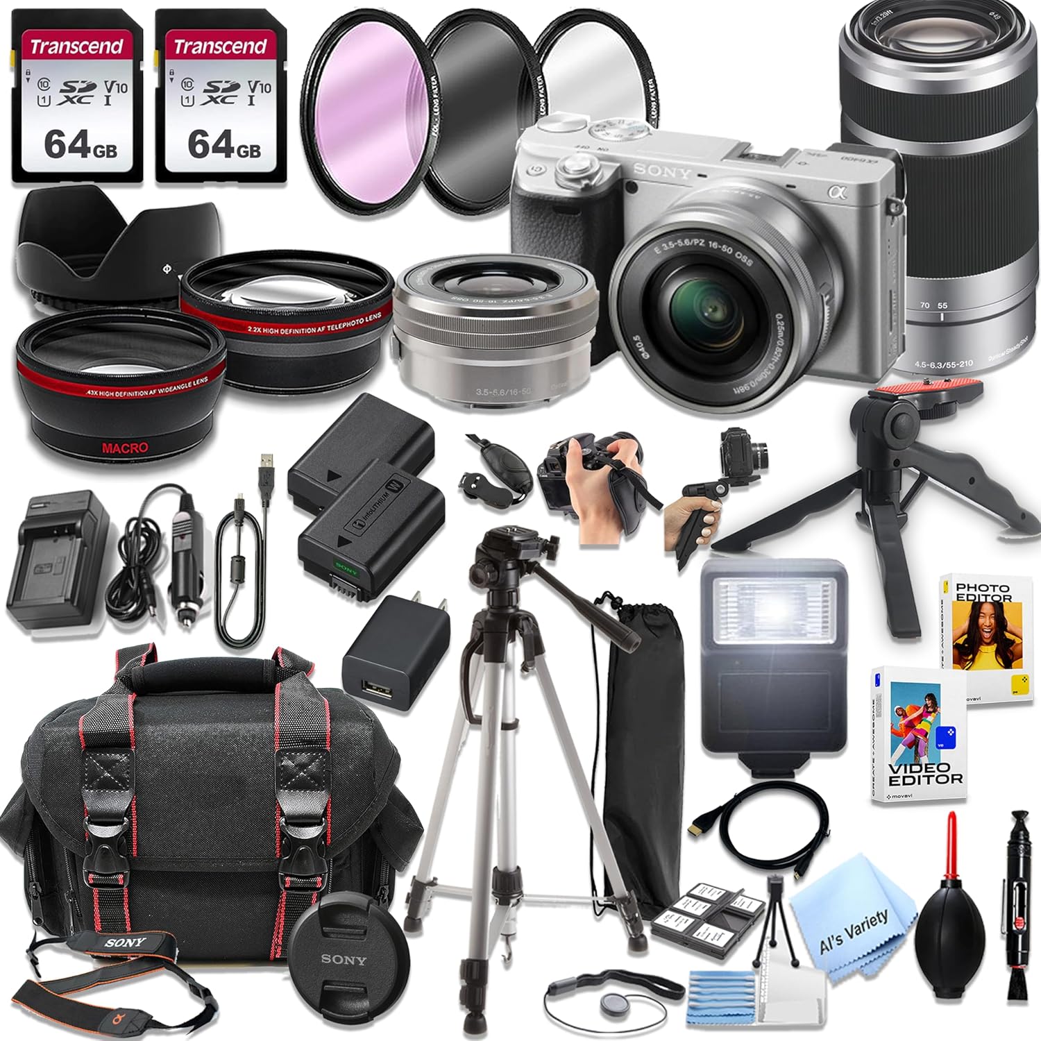 Sony a6400 (Silver) Mirrorless Camera with16-50mm & 55-210mm Zoom Lenses + 128GB Memory, Spare Battery, Filters,Case, Tripod, Flash, and More (39pc Bundle) (Renewed)