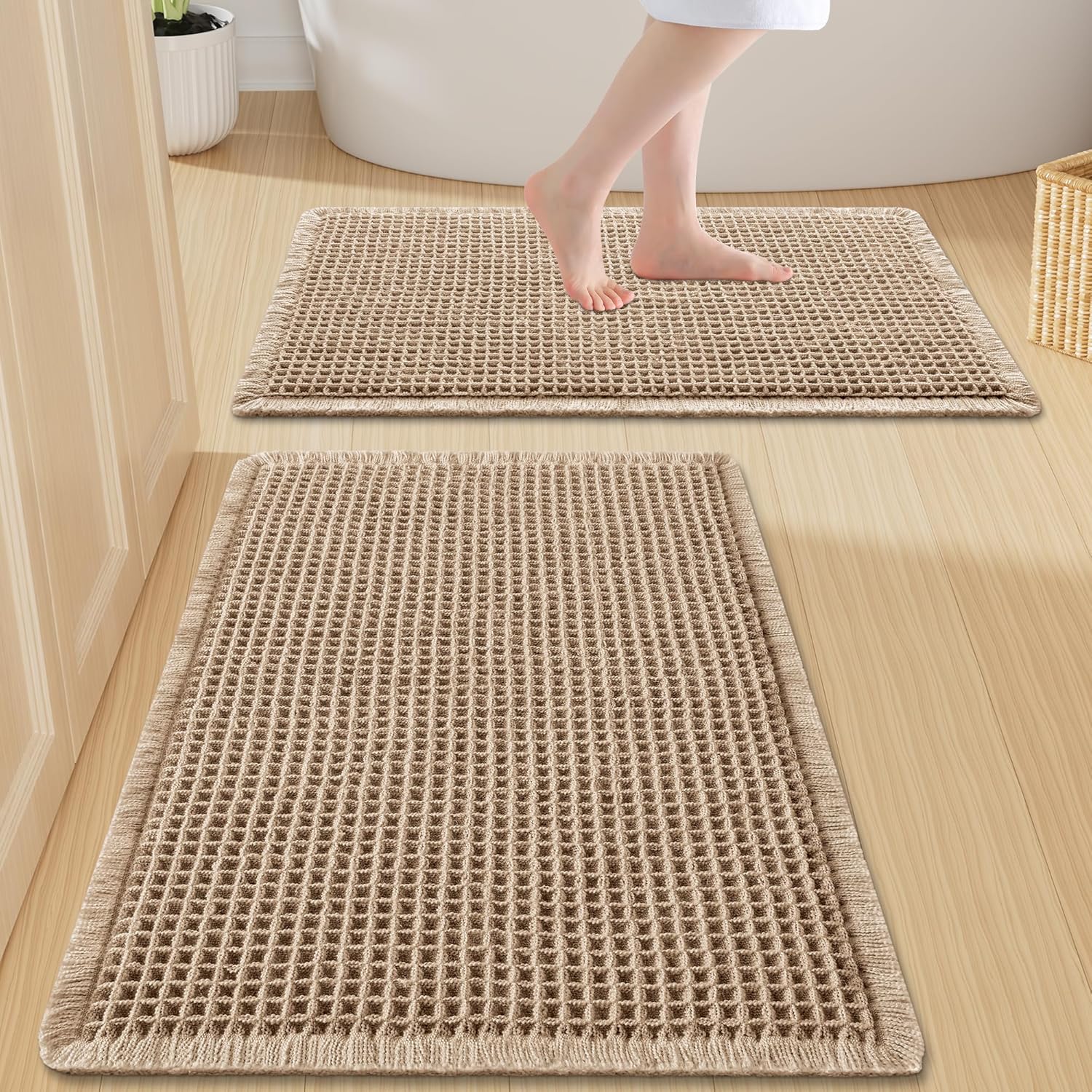 Smiry Waffle Bathroom Rugs Set of 2, Boho Bath Rugs Non Slip Machine Washable, Super Absorbent Bath Mats Set for Tub, Shower, and Floor(30x20+24x17, Brown)
