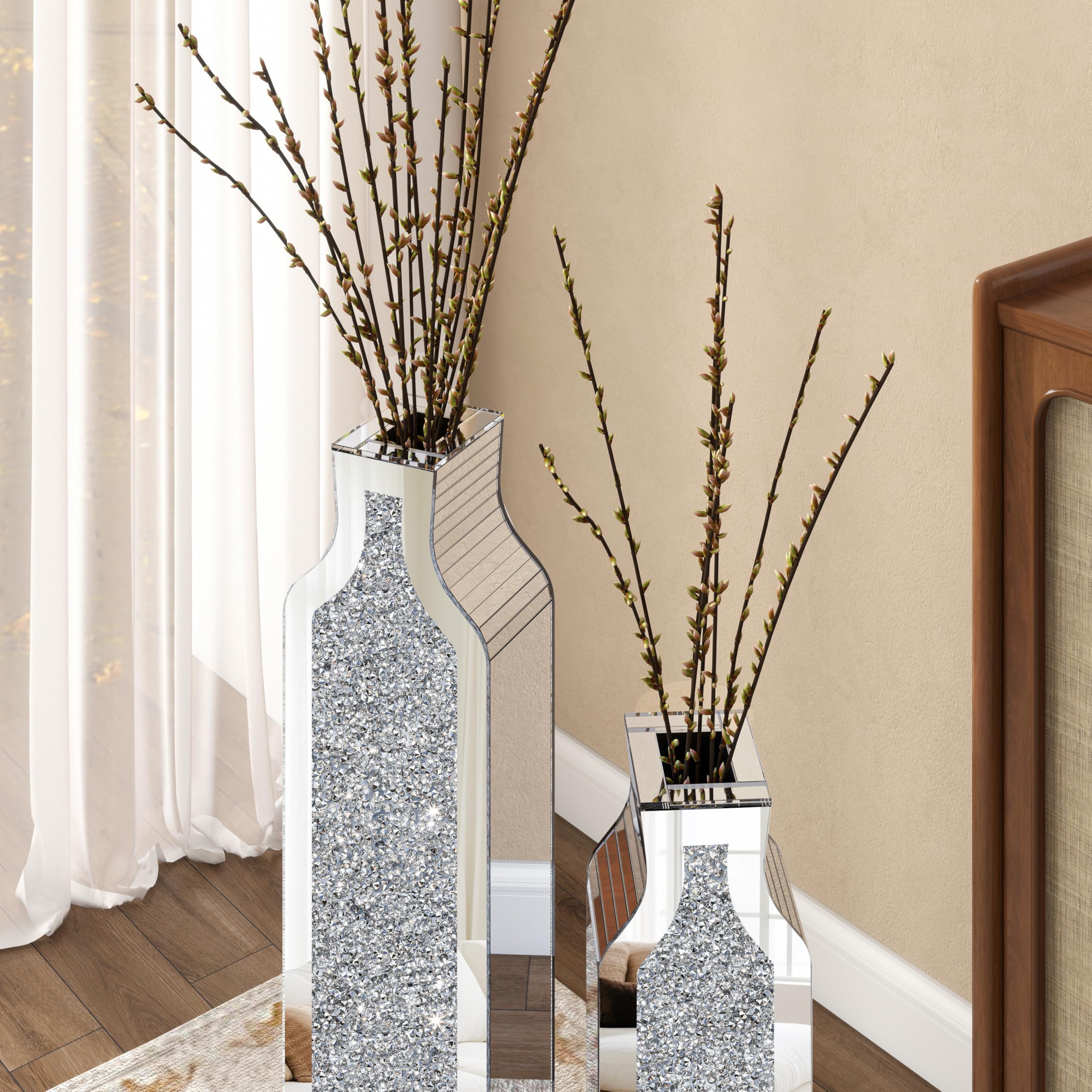 SHYFOY Jarrón decorativo de espejo con diamante triturado de 46 cm y 61,5 cm para el salón – Moderna y elegante jarra de plata decorativa de cristal para flores secas – Decoración elegante y