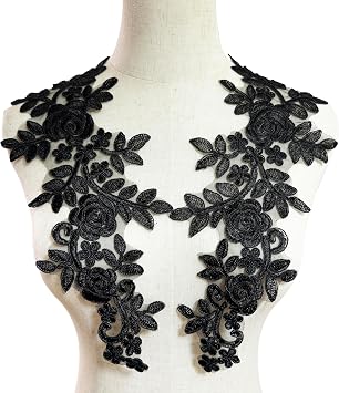 MMvolesy 1 Pair Black Lace Flower Wedding Dress Patch Embroidered Sew for Costume Dress Decor Patch Sewing Applique Crafts 13.75 * 5.5Inch