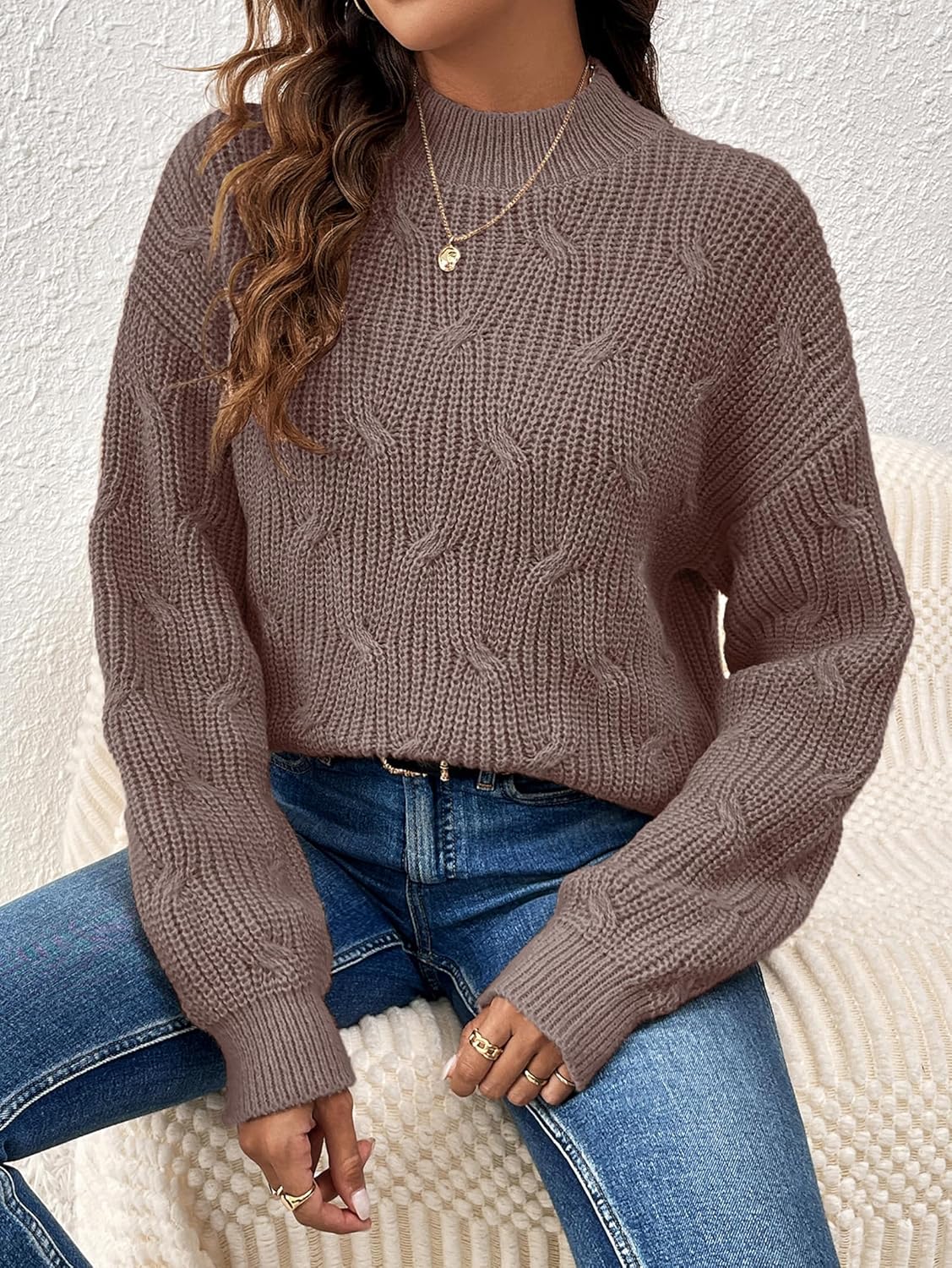 Womens Dressy Mockneck Cable Knit Long Sleeve Sweater Fall 2025 Oversized Chunky Ribbed Cuffs Knit Pullover - Image 6