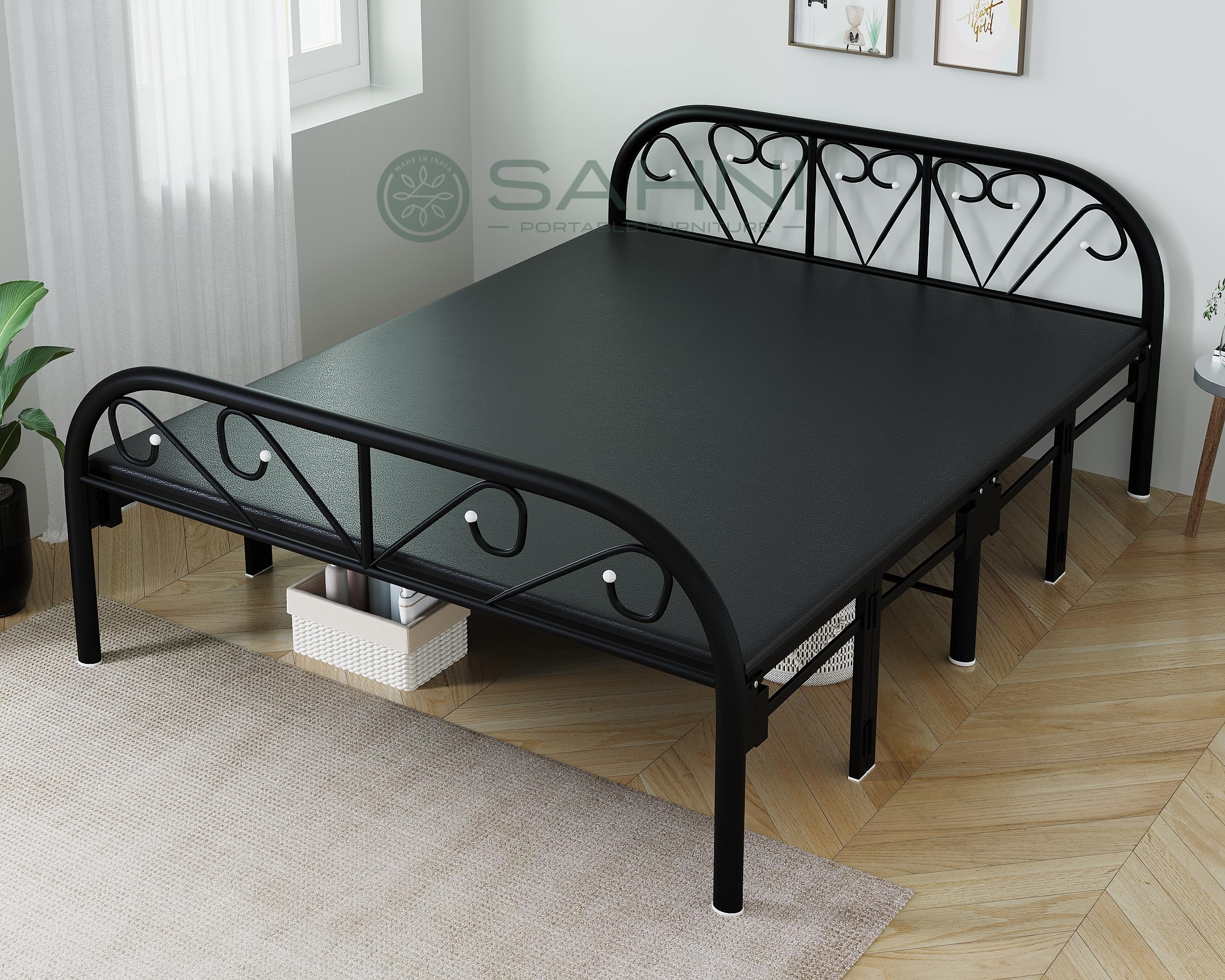 Sahni Foldable Furniture Iron/Metal/Steel Double Folding Bed with Attached Hard Mattress for Sleeping Adult and Guest (Glossy Black Finish, Black rexine top, 6ft by 4ft)-image-28