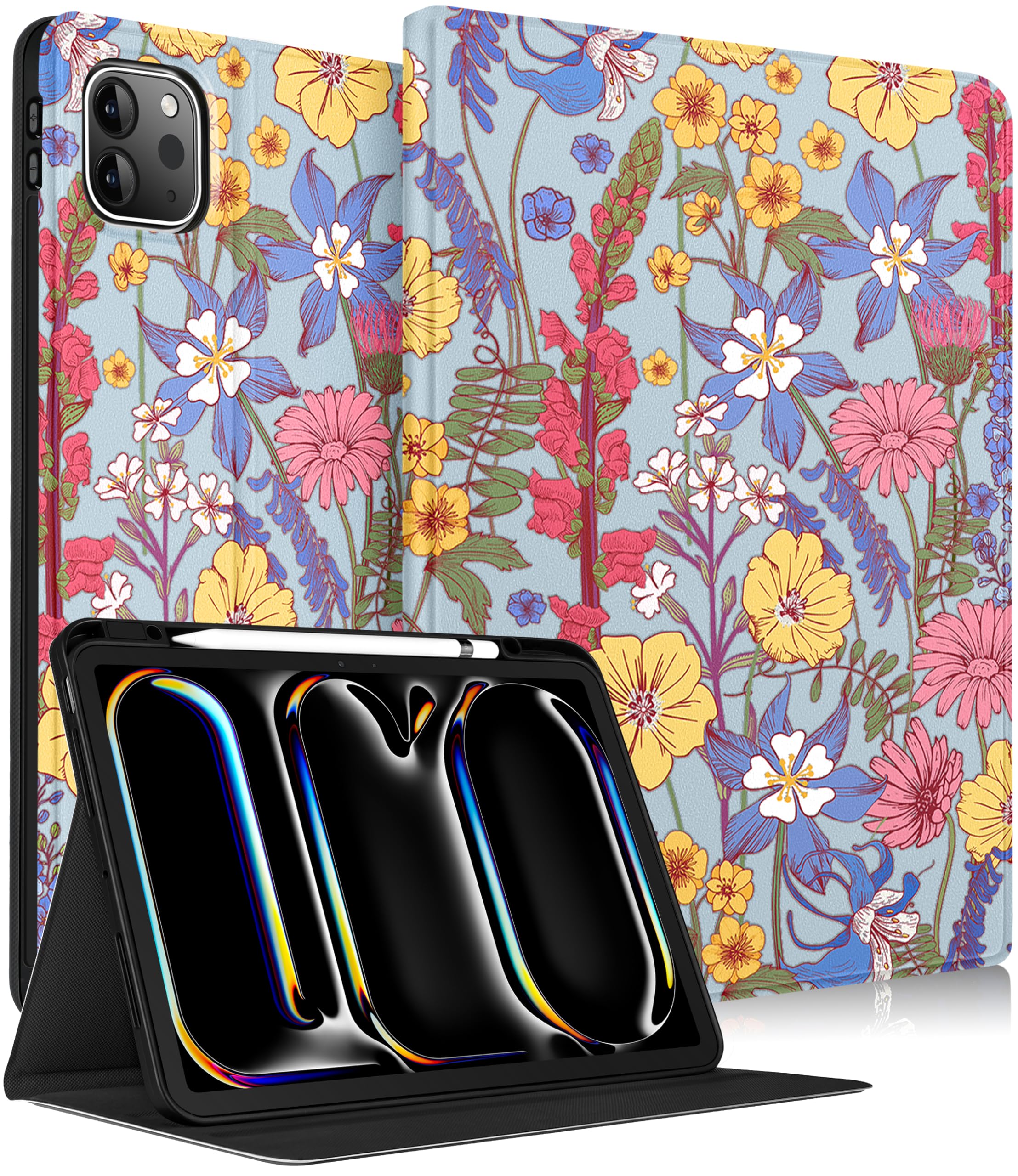 for iPad Air 13 Inch Case M3/M2(2025/2024),for iPad Pro 12.9 Inch Case (6th/5th/4th/3rd/2nd/1st Gen) - Women Girls Smart Folio Cover (Auto Wake/Sleep) with Build-in Pencil Holder,Line Floral