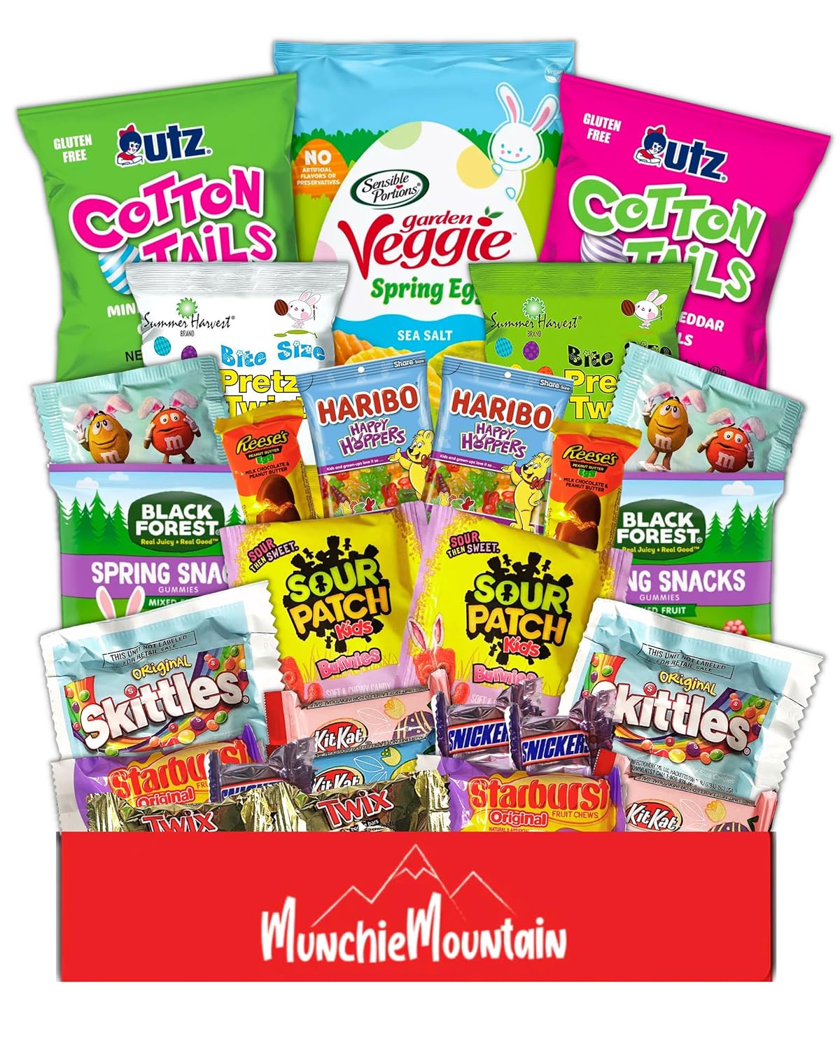 Munchie Mountain Limited Edition 40-Count Easter Care Package and Box of Easter Candy for classrooms, friends, family, grandkids, college students, husband, wife, boyfriend, and girlfriend