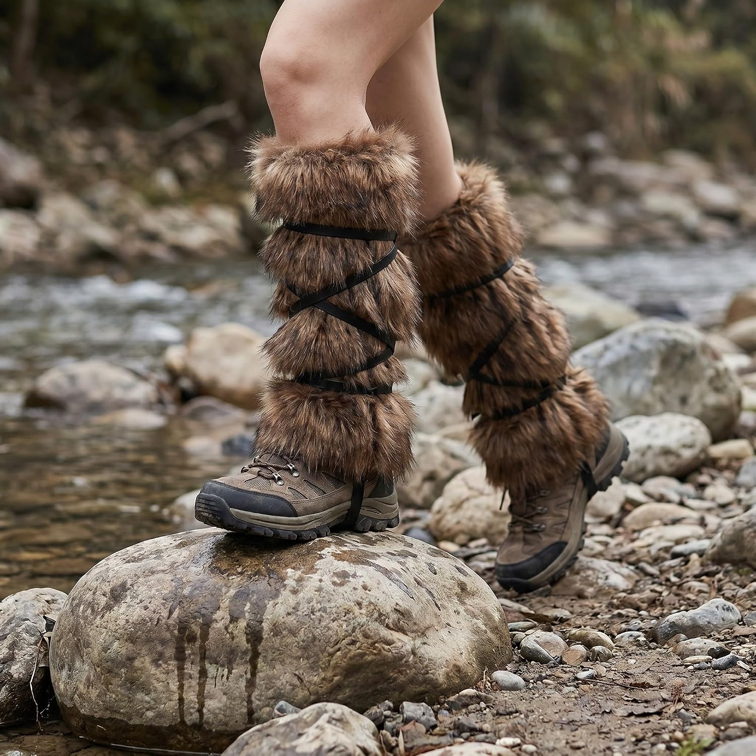 Viking Faux Fur Boot Covers 16 Inch Adjustable Strap Pair Light Brown