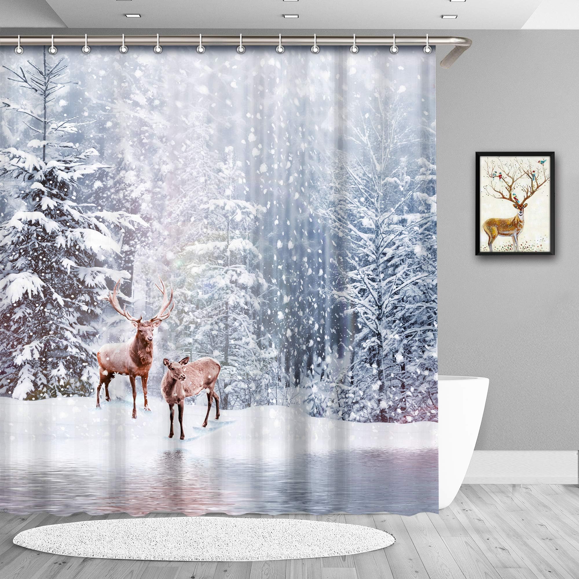 True Holiday Deer Shower Curtain, Waterproof Polyester Bathroom opaque Shower Curtain Hooks with 12pcs
