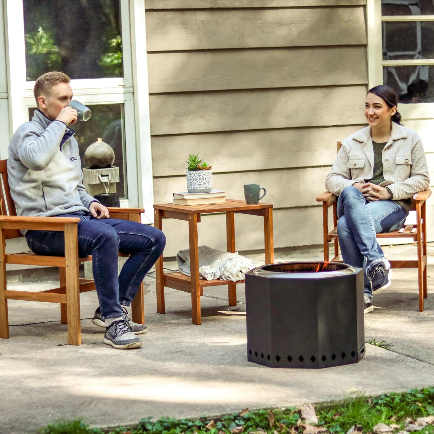 Sunnydaze Meranti Wood 3-Piece Outdoor Patio Conversation Set - 2 Chairs and 1 Table - Teak Oil Finish
