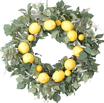 26 Inch Spring Front Door Fruit Wreath Artificial Lemon Wreath with Eucalyptus Leaves on Grapevine for Front Door Window Fireplace & Fence in Celebration Party Wedding Festival Home Decor