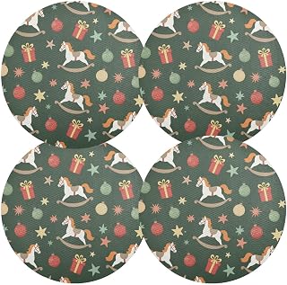 Christmas Cowboy Horse Round Placemats Set of 4 Hot Pads Place Mats Heat Resistant Trivets Pot Holders Coasters for Home Kitchen Decor Tabletop Essentials 15.4 in