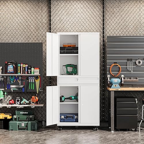 Miniatura 2 de Anxxsu Armario de almacenamiento de metal con ruedas, gabinete de almacenamiento con cerradura de 73 pulgadas con 2 estantes ajustables y 1 cajón