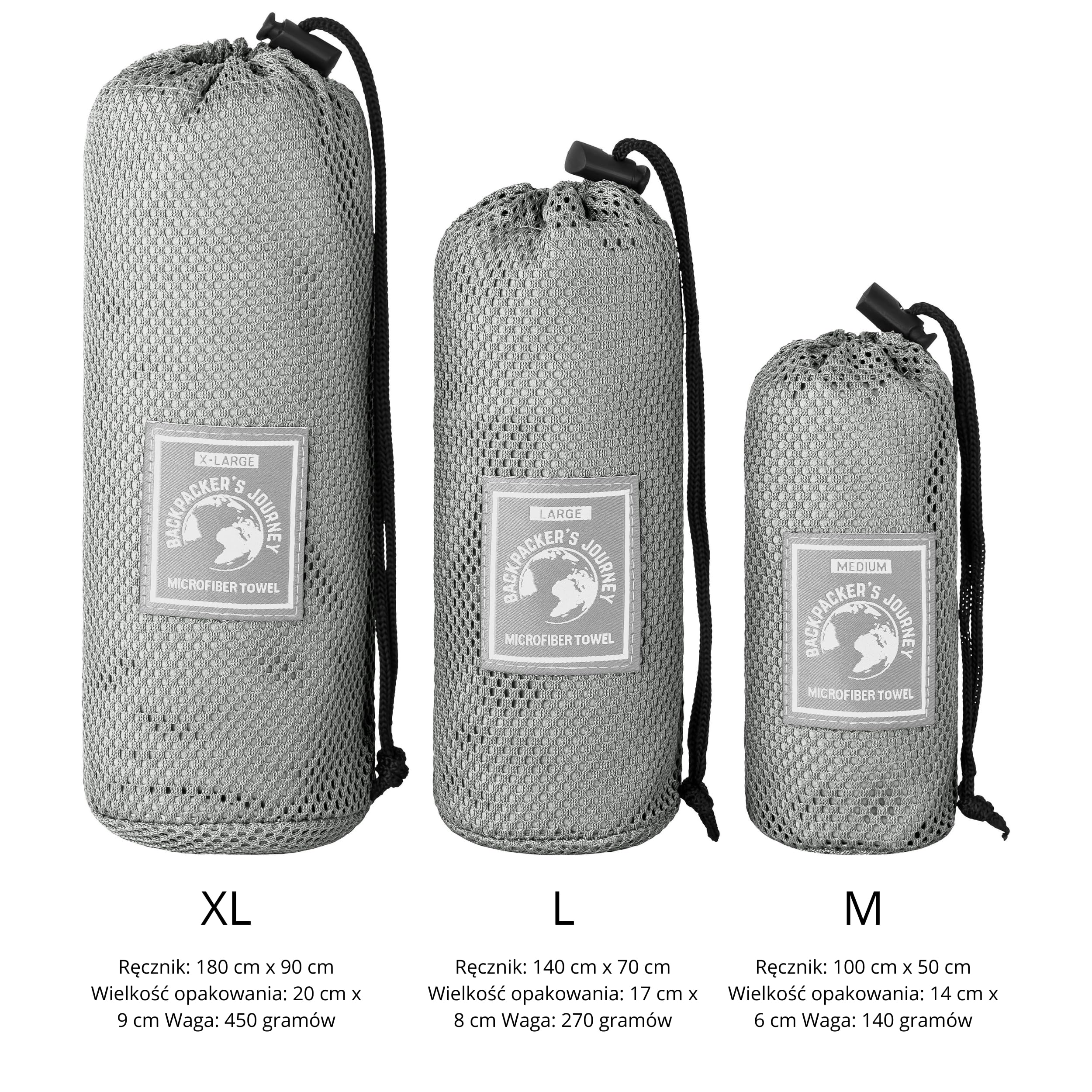 Backpacker's Journey Ręczniki z mikrofibry S M L XL. Zestaw ręczników podróżnych, lekkie, szybkoschnące, chłonne i antybakteryjne (szare, L)