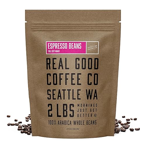 Real Good Coffee Company - Café de grano entero - Granos de café expreso Full City Roast - Bolsa de 2 libras - Granos arábica 100% enteros - Moler