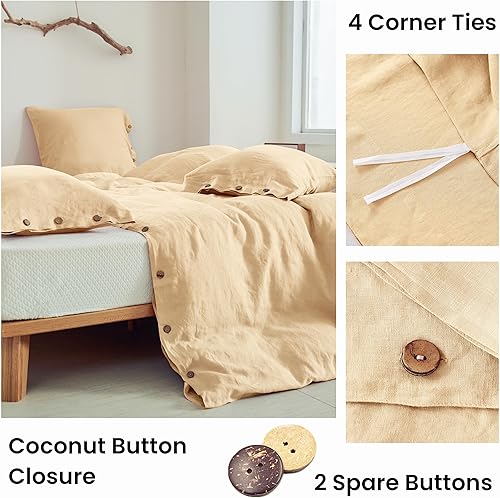 Miniatura 3 de Simple&Opulence Juego de funda de edredón 100% lino, 3 piezas con cierre de botón de coco, lino lavado francés natural, color sólido, suave,