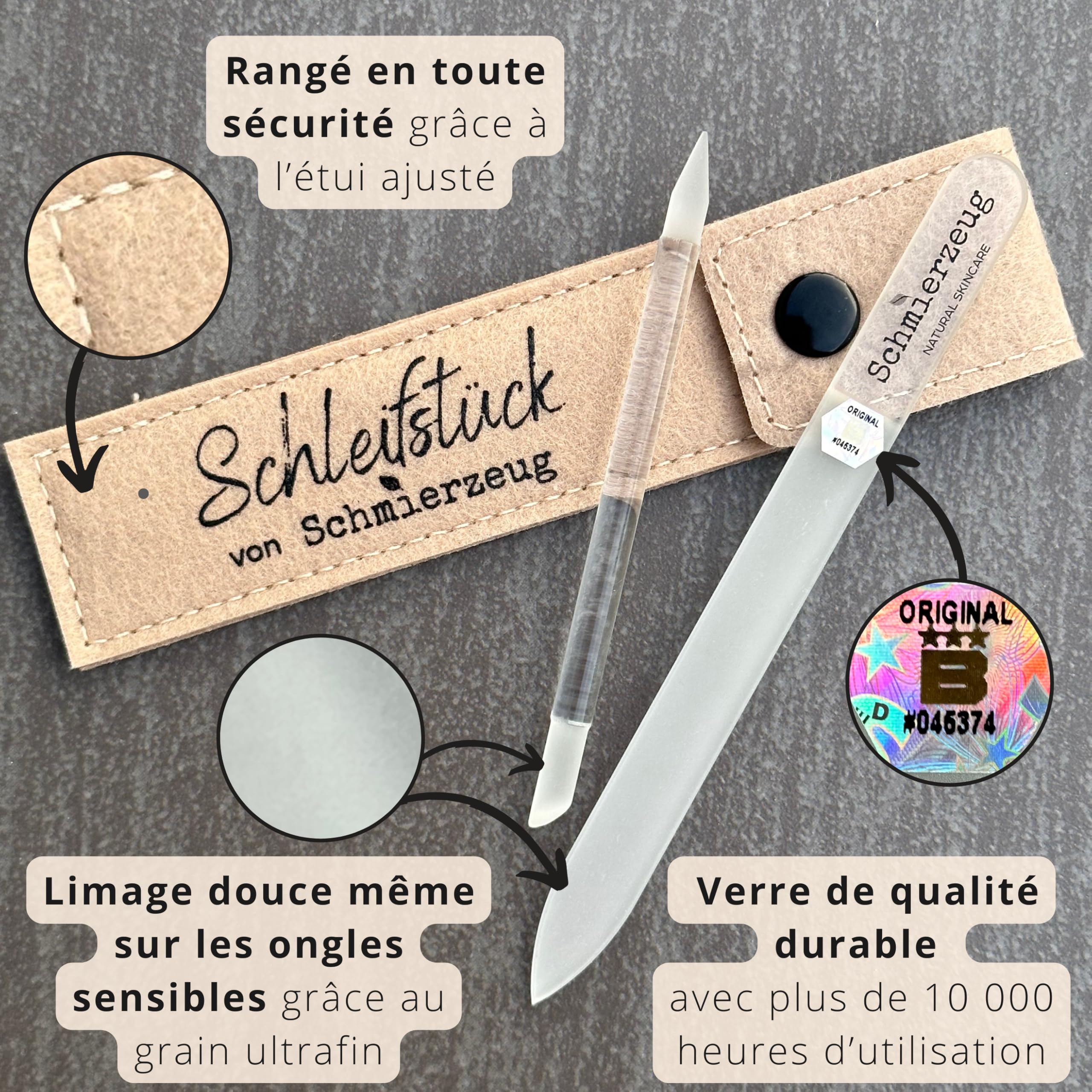 Lot de limes à ongles, lime à ongles en verre, bâton de manucure, lime à ongles et bâton de manucure dans un étui en feutre, nail art