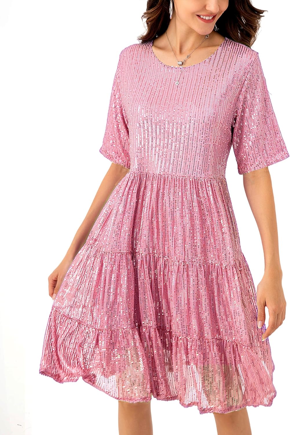 JKLESA Sequin Babydoll Summer Dress，Sparkly Glitter Dress Short Flowy Tiered Tunic Dress for Women Party Club Night