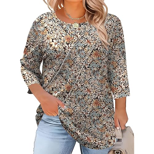 LOMON Womens Plus Size Tops 3/4 Length Sleeve Womens Tops Pleated Crewneck Fall Shirts Summer Blouses 2025 (1X-5X)