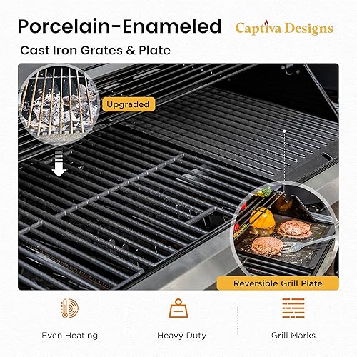 Miniatura 2 de Captiva Designs Parrilla de barbacoa de gas propano de 6 quemadores con quemador lateral y rejilla de hierro fundido esmaltado de porcelana y placa