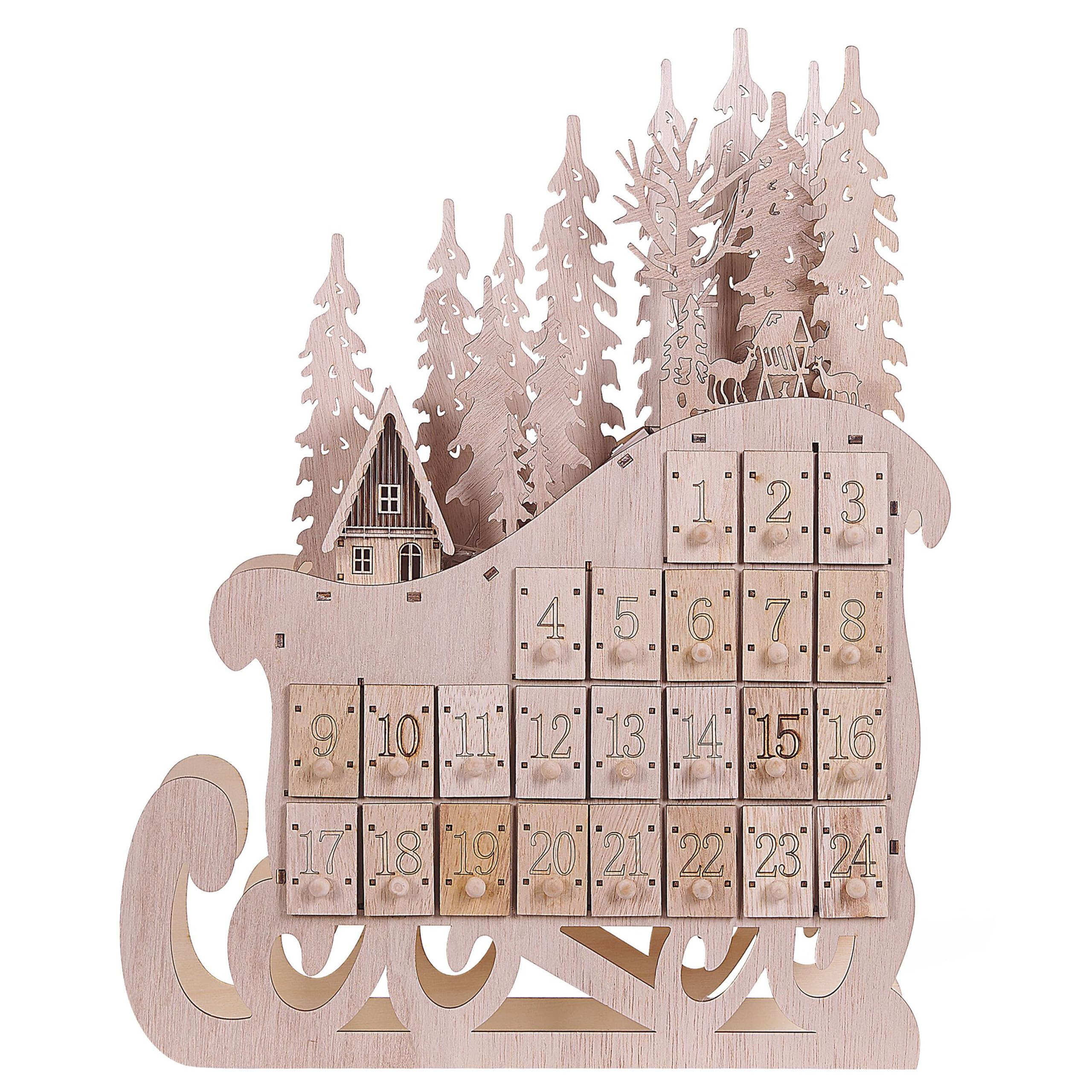 Beliani Deko LED Adventskalender Holz Hellbraun Schlitten zum Befüllen Aufstellen Impala