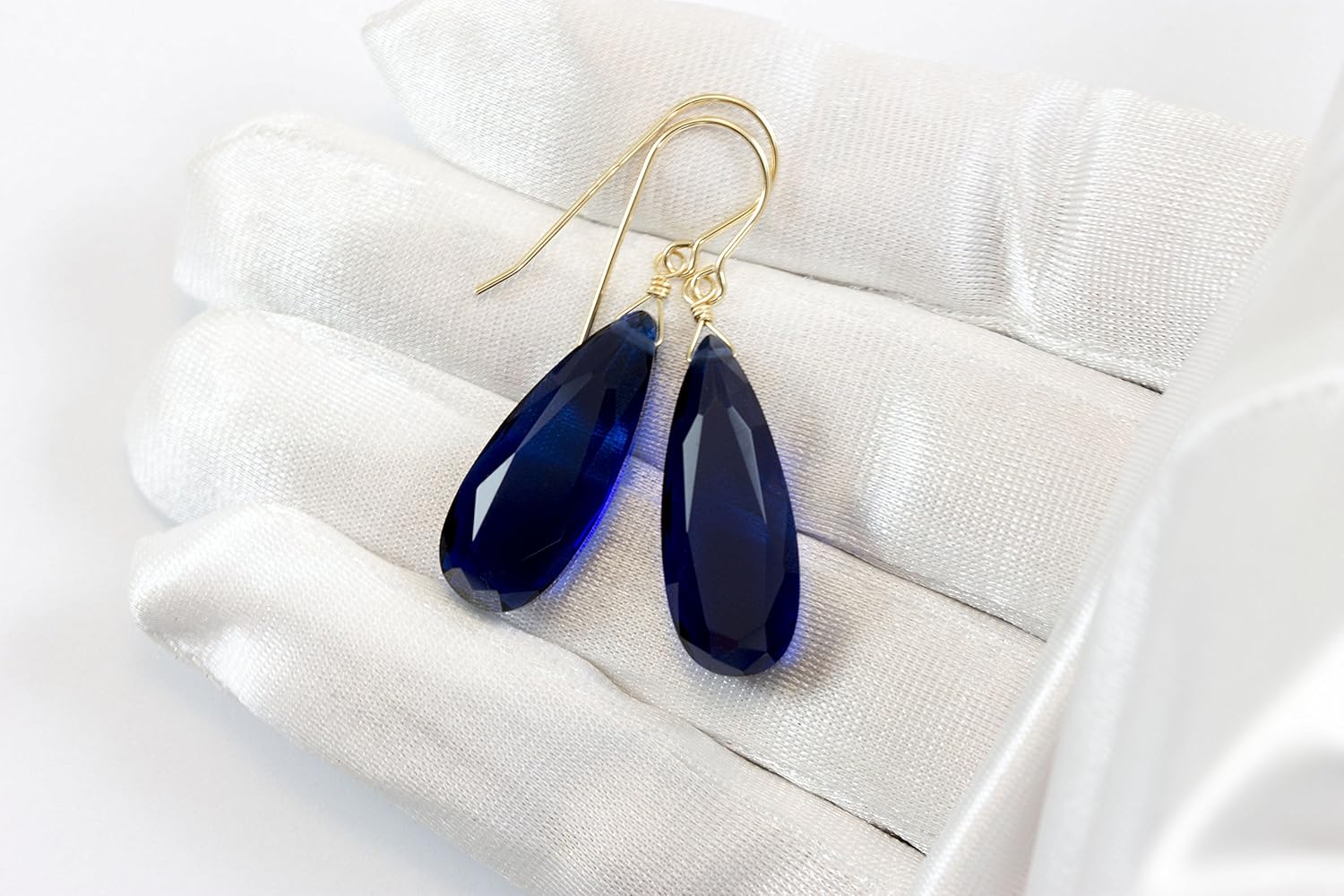 Dark Blue Simulated Sapphire Earrings Faceted Teardrops Simple Dangle Drops 1.7"