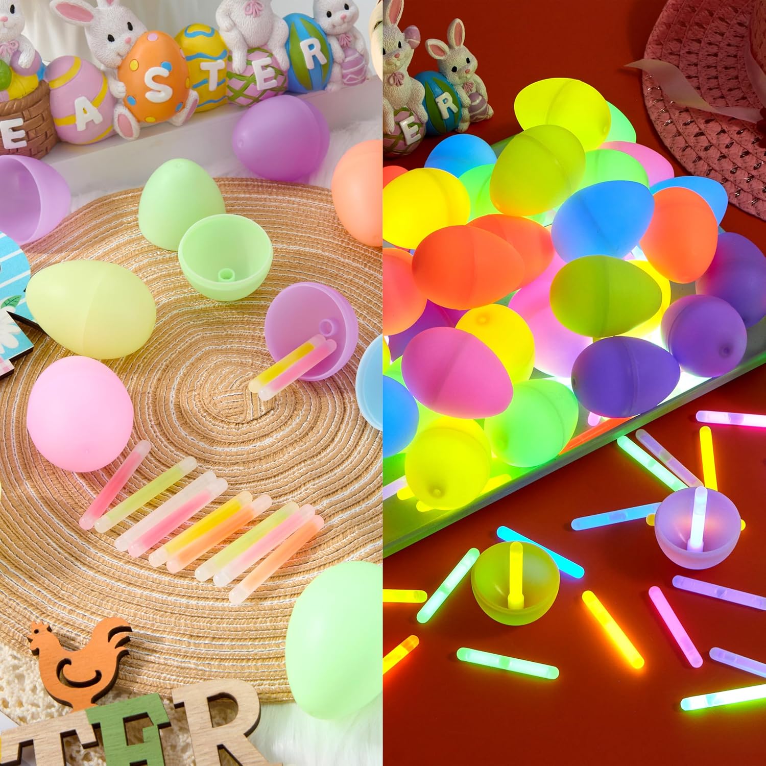 JOYIN 100 Pcs Easter Eggs with 150 Pcs Mini Glow Sticks for Kids Glow-in-The-Dark Basket Stuffers Fillers Gift, Easter Eggs Hunt Game Party Favors Classroom Decorations Supplies