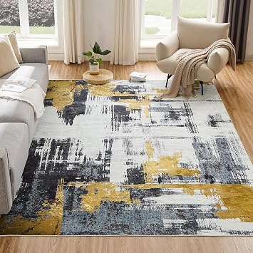 VKLIVING Machine Washable Rug 6x9 Abstract Washable Area Rugs for Living Room Non Slip Rugs for Bedroom Modern Woven Boho Rug Soft Carpet for Kitchen, Dining Gold Brushstroke