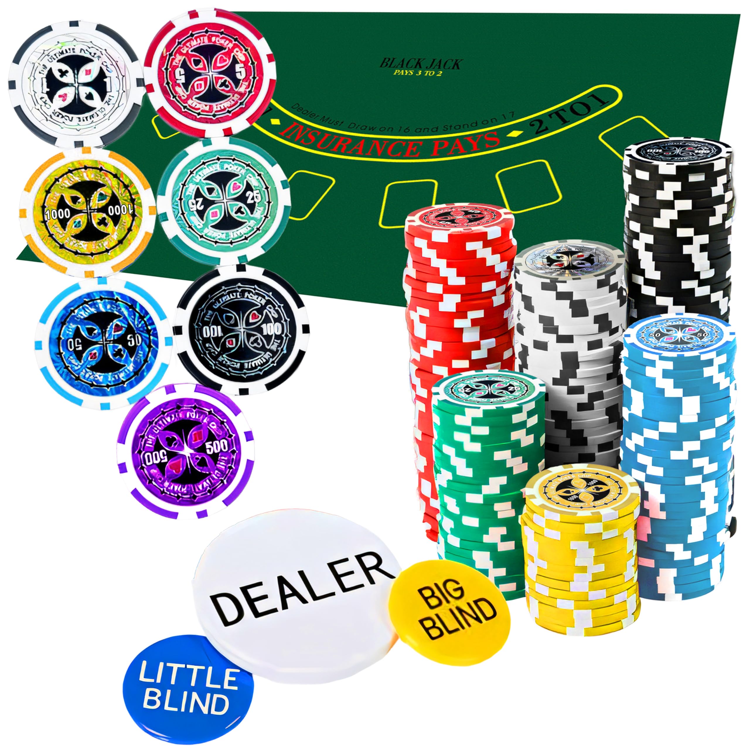 Retoo Juego de Póquer 500 Fichas Cartas y Alfombrilla con Maletín para Texas Holdem Blackjack, 2 Barajas 5 Dados, 3 Botones, 1 Tapete Maletín de Aluminio con Cerradura para Profesionales y Aficionados