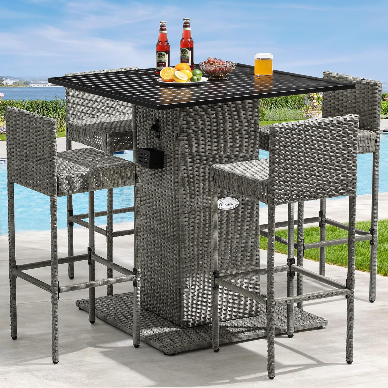 YITAHOME 5Piece Outdoor Furniture Wicker Bar Set with
