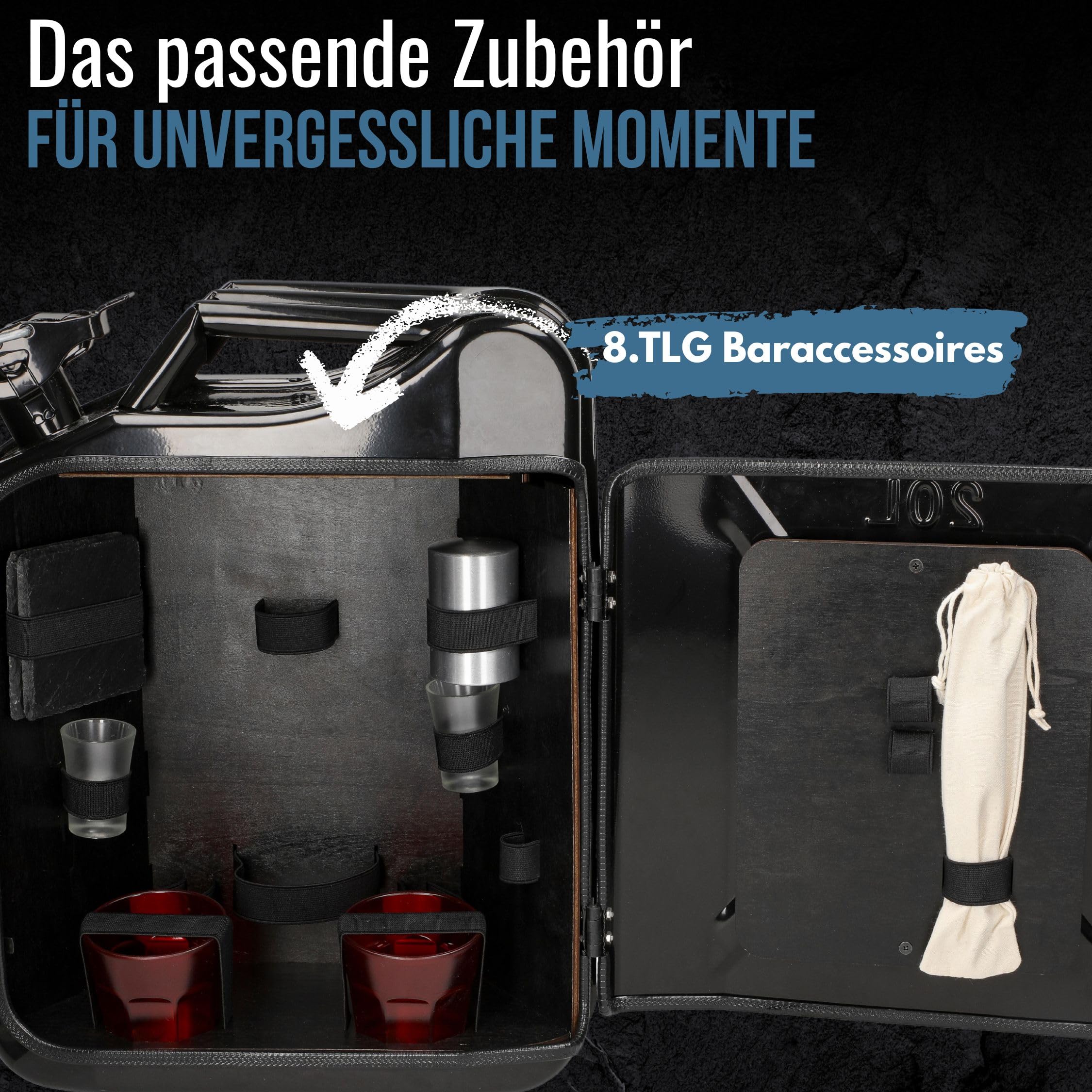 Mobile Minibar Set 2 - abschließbare Bar im Benzinkanister mit Zubehör | hochwertig, robust, praktisch, vielseitig, Alltag, Geschenkidee, langlebig, handlich, täglich