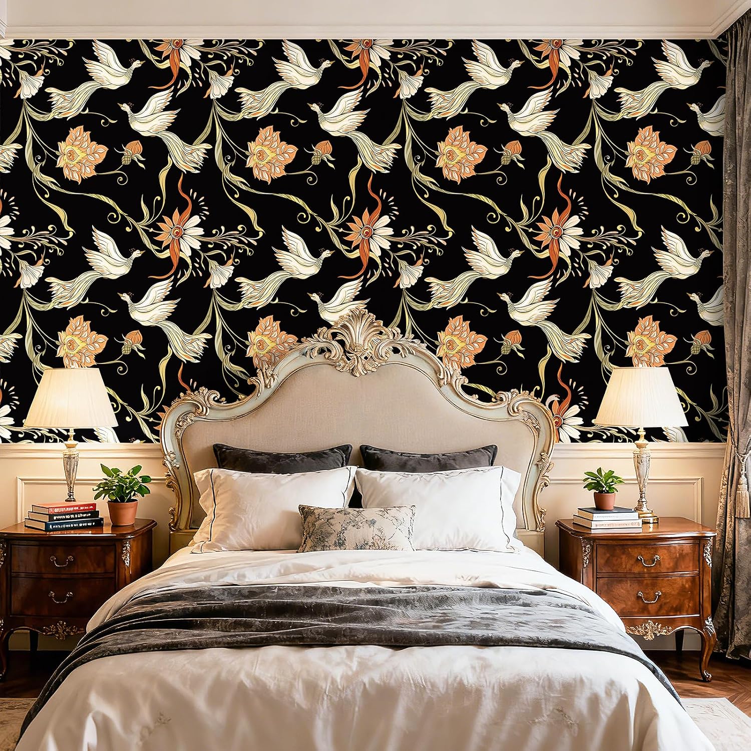 ReWallpaper Dark Floral Bird Wallpaper Peel and Stick Vintage Black Ivory Birds and Flowers Wallpaper Removable Waterproof Contact Paper for Cabinets Shelves Accent Wall Bedroom Bathroom 17.5in x 10ft