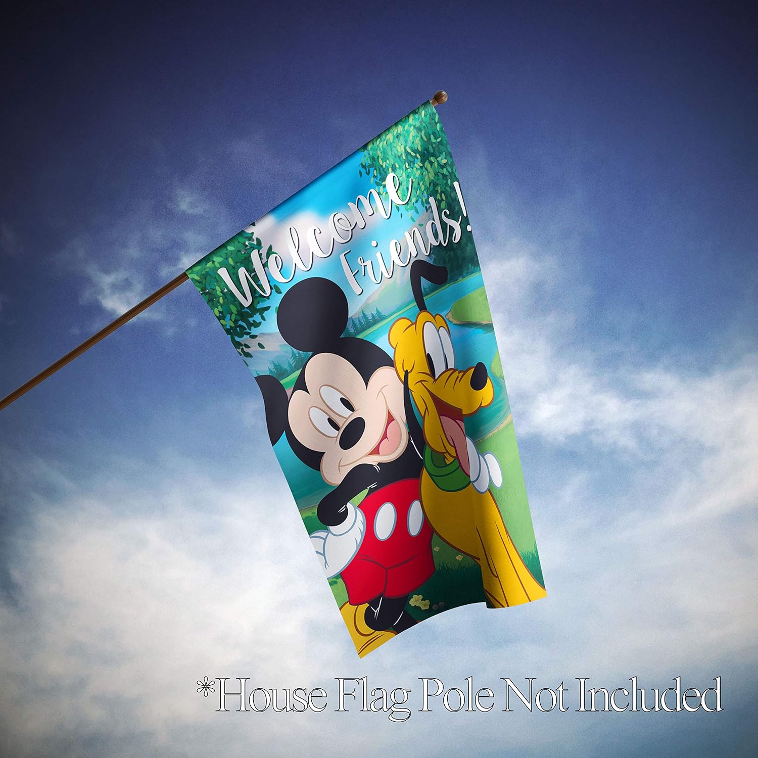 Flagology.com, Disney, Mickey Mouse, Pluto, Mickey & Pluto Welcome Friends – House Flag – 28” x 40”, Outdoor, Exclusive Premium Fabric, Officially Licensed Disney