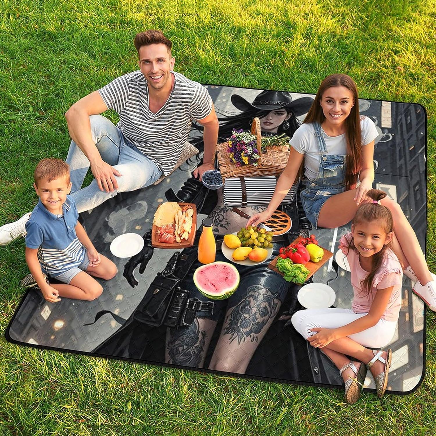Cute Tattooed Cowboy Girl Picnic Blanket 200x200cm, Foldable 2-in-1 Picnic Mat and Tote Bag Portable Waterproof Beach Mat Sandproof Outdoor Blanket for Park, Hiking, Beach, Camping, Travel