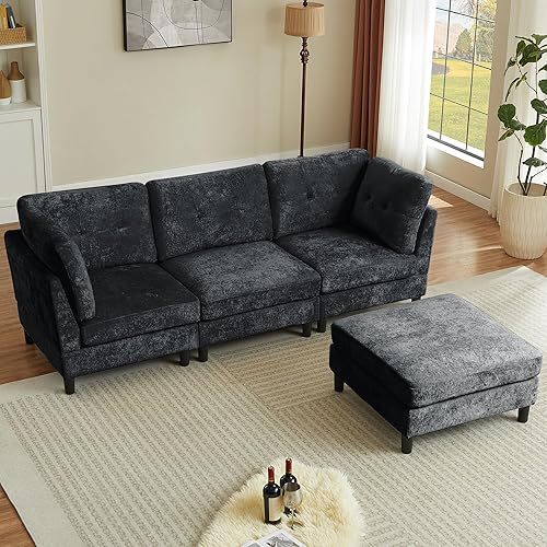 Vista 8 de Sofás seccionales de 100" para sala de estar, sofá seccional modular, sofá moderno de lino en forma de L, sofá convertible de 4 plazas para sala