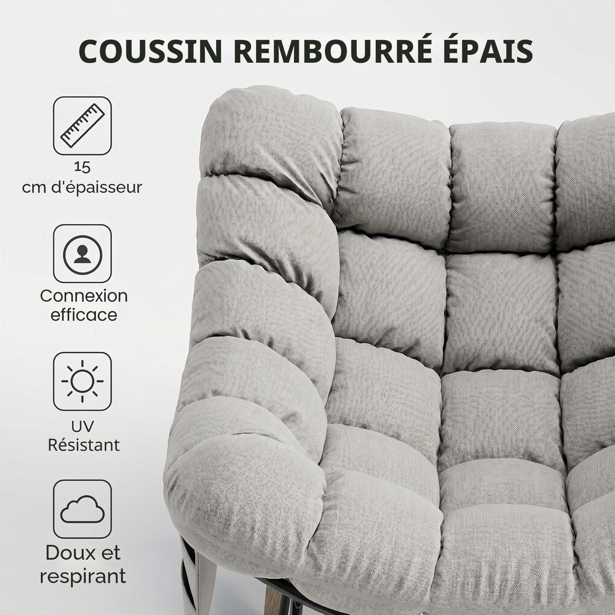Fiutazge Lot de 2 Fauteuil à Bascule Papasan Surdimensionné Cadre Acier Charge 180kg,Coussin Rembourré pour Jardin Salon Balcon,Beige
