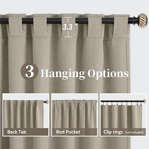 Miniatura 4 de SimpleHome Cortinas 100% opacas de lino natural para sala de estar, 84 pulgadas de largo, cortinas texturizadas con pestañas traseras para