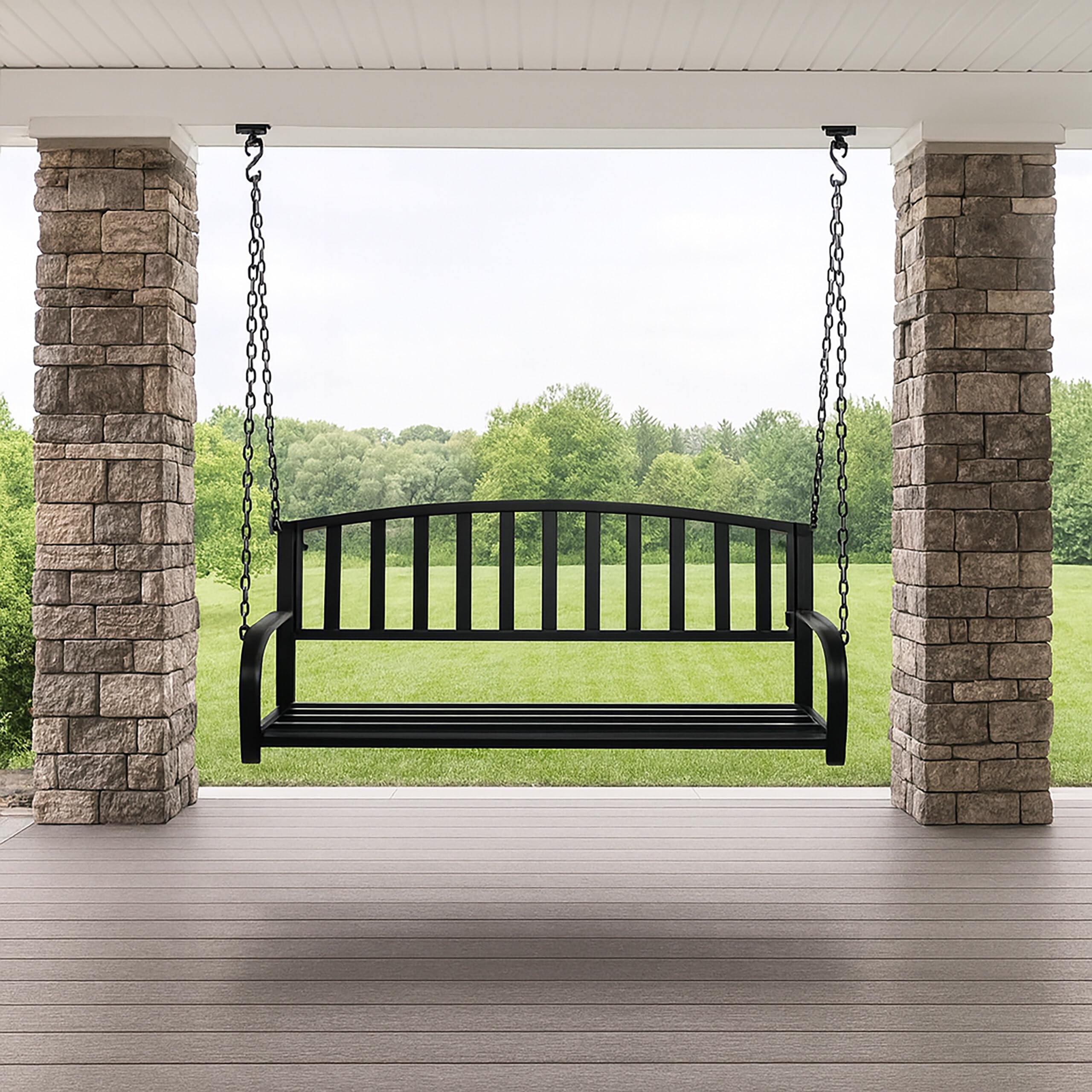 Banco Colgante Relaxdays, 2 plazas, Acero, Hierro Fundido, HxBxT: 197 x 133 x 58 cm, Columpio Exterior, Color Negro