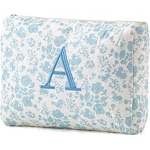 HBselect Initial Quilted Makeup Bag, Cotton Large Travel Makeup Bag, Cute Floral Coquette Make up Bag Cosmetic Bag Toiletry Bag for Women Girls A