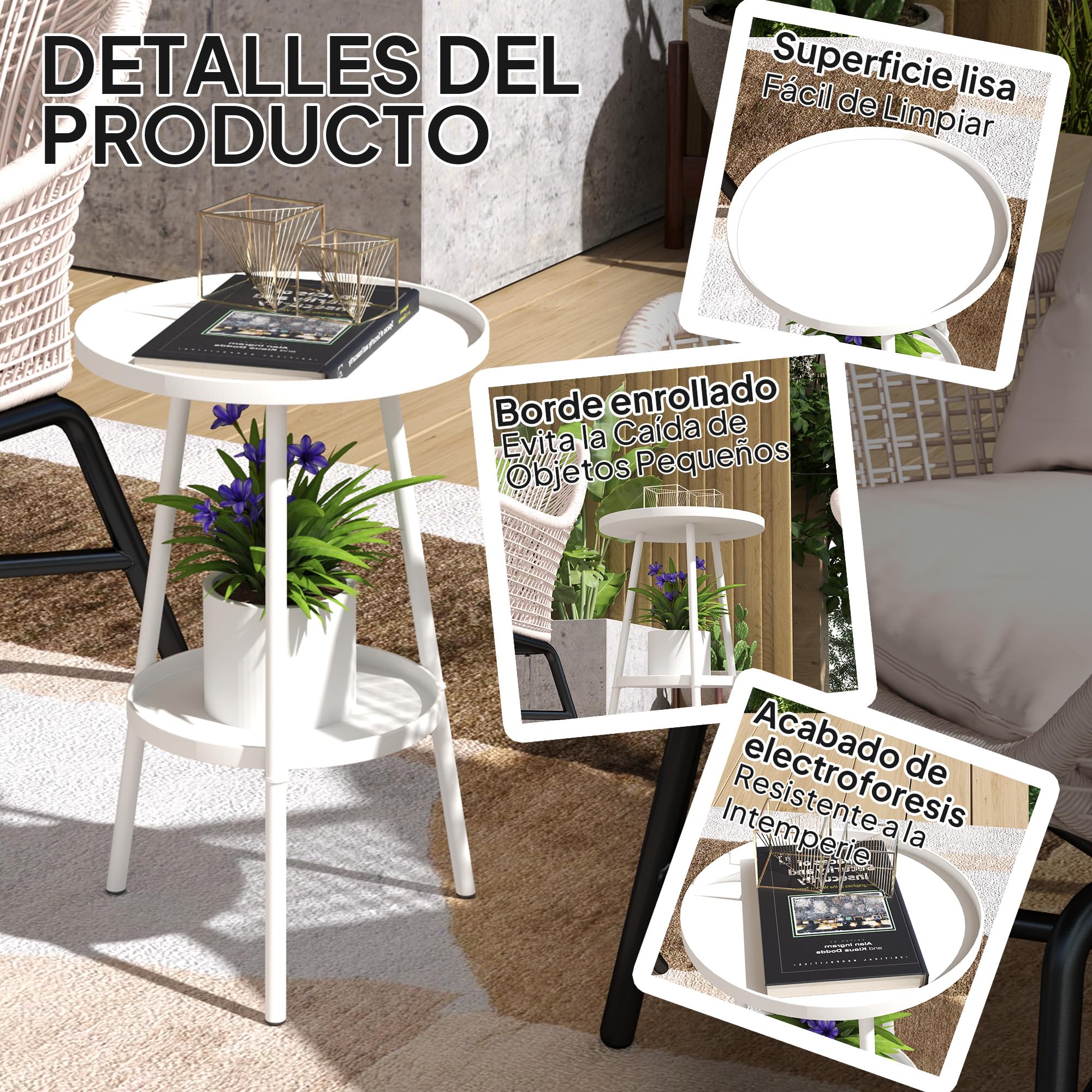 Outsunny Tavolino da caffè rotondo 2 livelli in metallo bianco | per veranda, terrazza, balcone