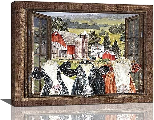 Arte de pared de vaca de granja, cuadros de ganado, decoración de pared de vaca rústica, pintura en lienzo de vaca, decoración moderna, obra de arte