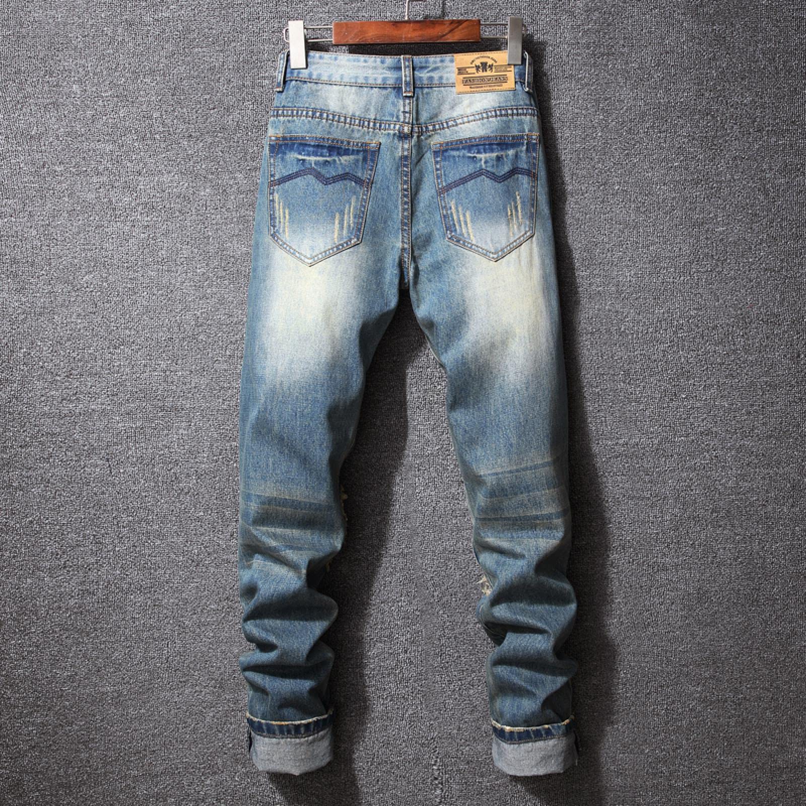 Jeans Herren Jeanshosen Hose Freizeithose Herren Ripped Vintage Blau Slim Fit Straight Jeans Hose Hip Hop Streetwear Fashion Destroyed Holes Herren Jeanshose Plus Size