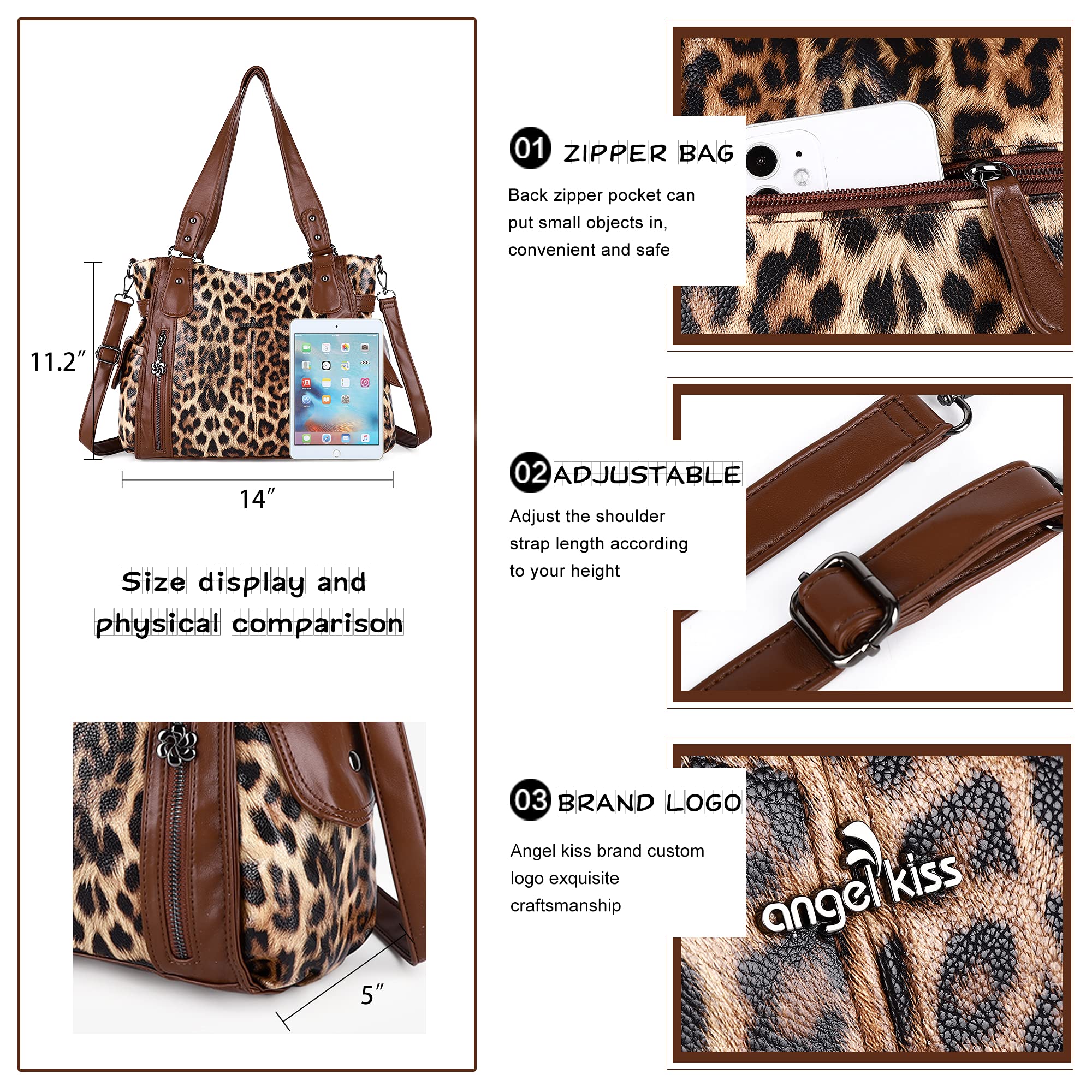 angel kiss Handbags for Womens Top-Handle Hobo Purse Roomy Casual Shoulder Bags PU Tote Satchel Purse for Womens 1brown-brown X-Large