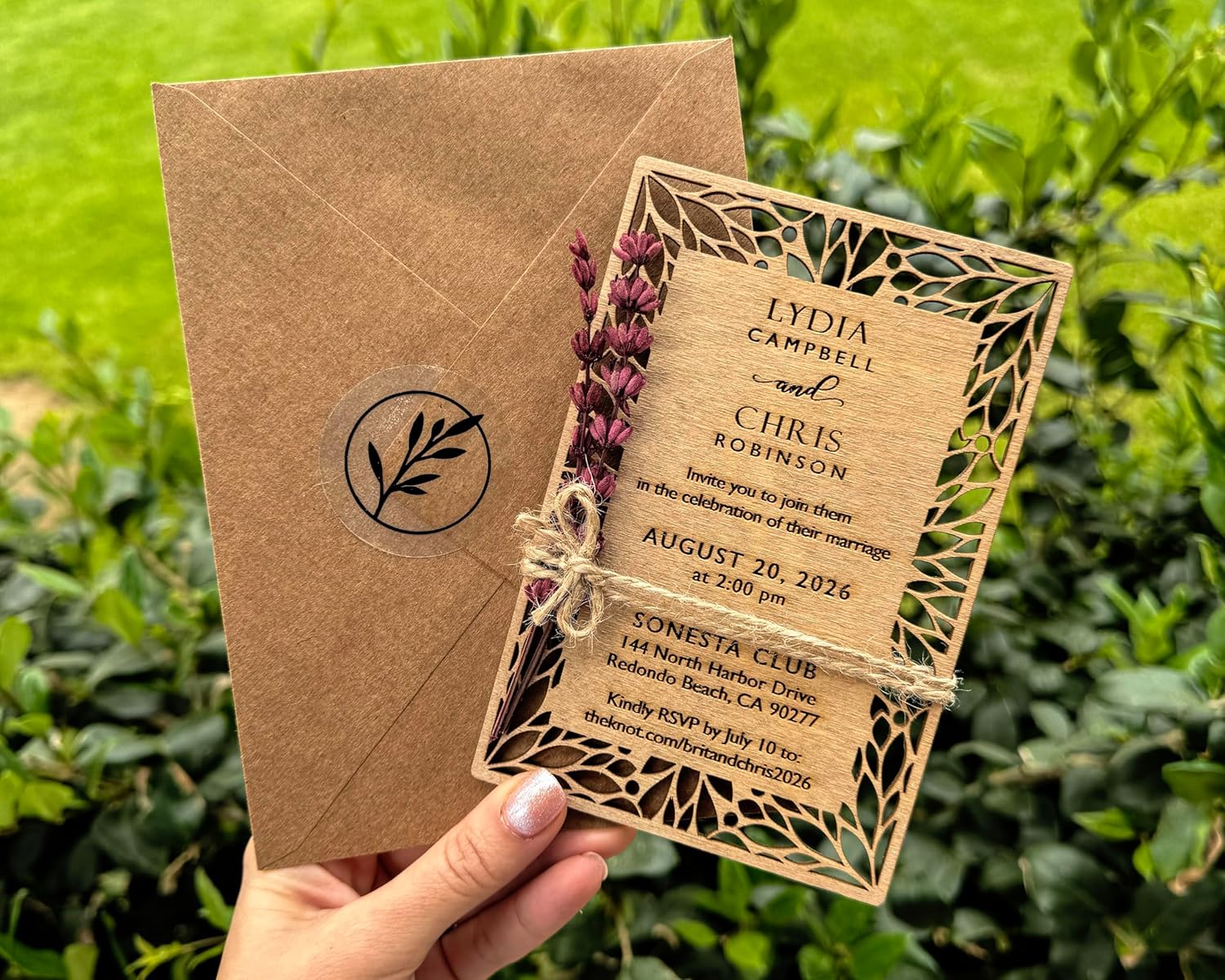 Pack of Floral Personalized Wedding Invitations - Laser Cut Wedding Invitation - Flower Twined Wooden Invitations with Envelopes & Stickers