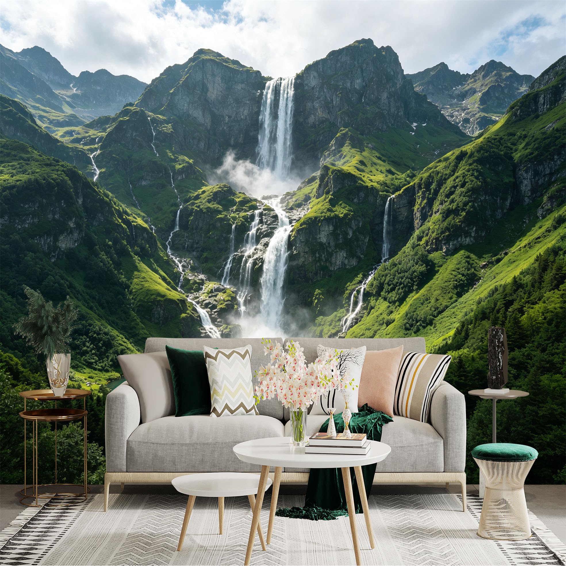 Custom Size Wall Sticker Mural， Majestic Waterfall in Green Mountains， Serene Alpine Lake Scenery， for wall Decoration， peelandstick wall Decals.