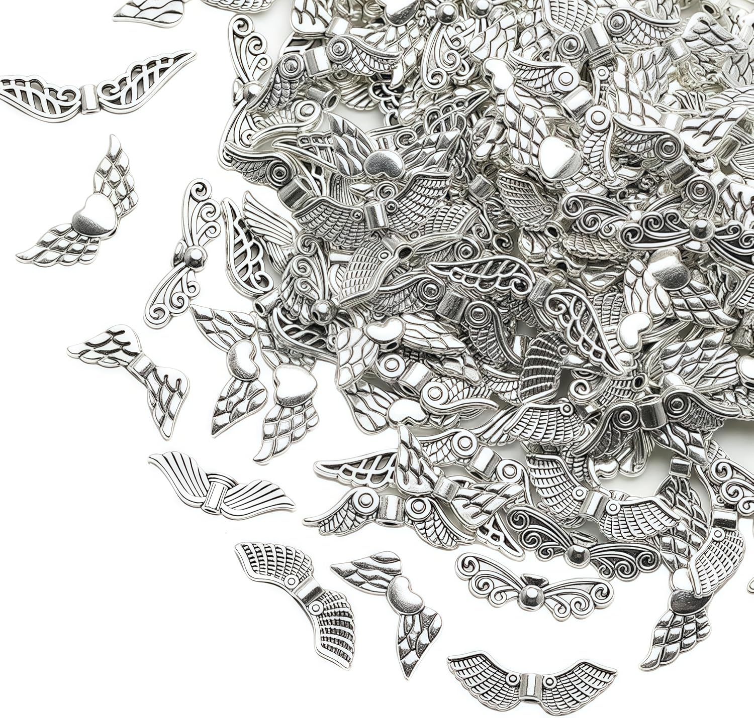 DAHI 200pcs Angel Wing Crafting Set Wing Spacer Beads Wing Beads Metal Bead Caps Pearl Angel for Crafting Accessories with Carabiner Clasp