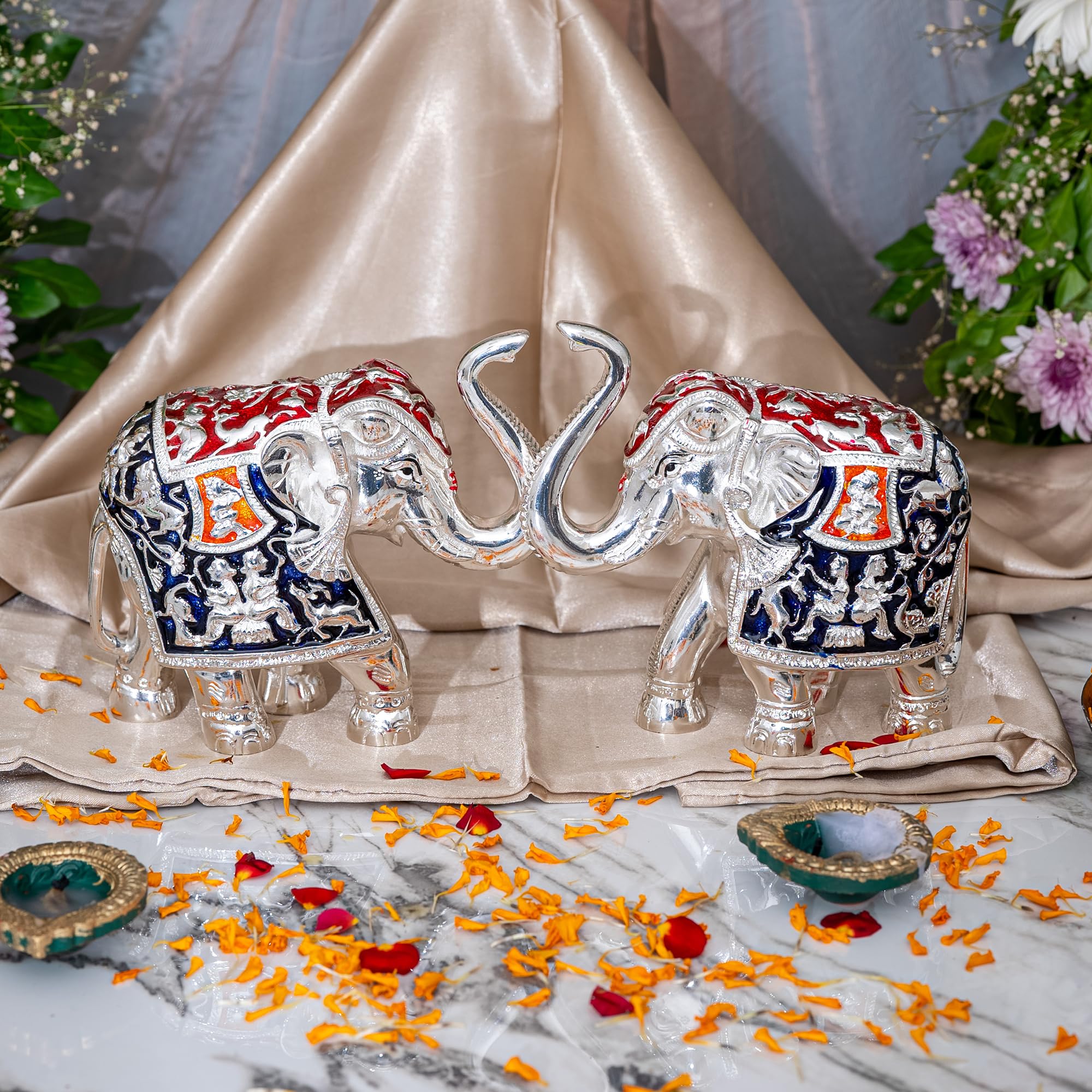 Idolkart Pure Silver Coated Blue Elephant Showpiece - Elephant Decorative Items for Home - Elephant Idols Big Size with Trunk Up for Good Luck & Vastu Benefits - 3 inch (Set of 2), Silver & Blue 2